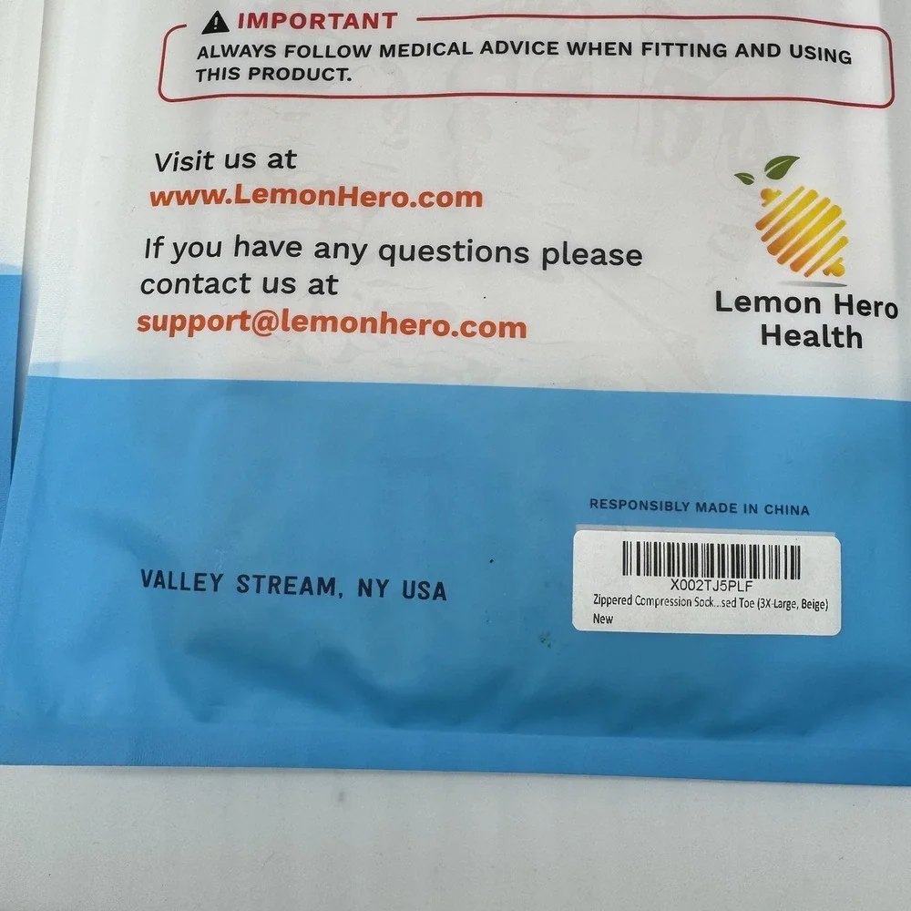 Lemon Hero Health Lot Of 2 Sealed Zippered Compression Sock Closed Toe 3XL Beige